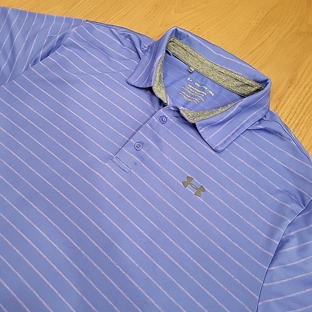 Under Armour The Playoff Polo Golf‎ Shirt Men's Size 2XL Blue Gray Striped Loose
